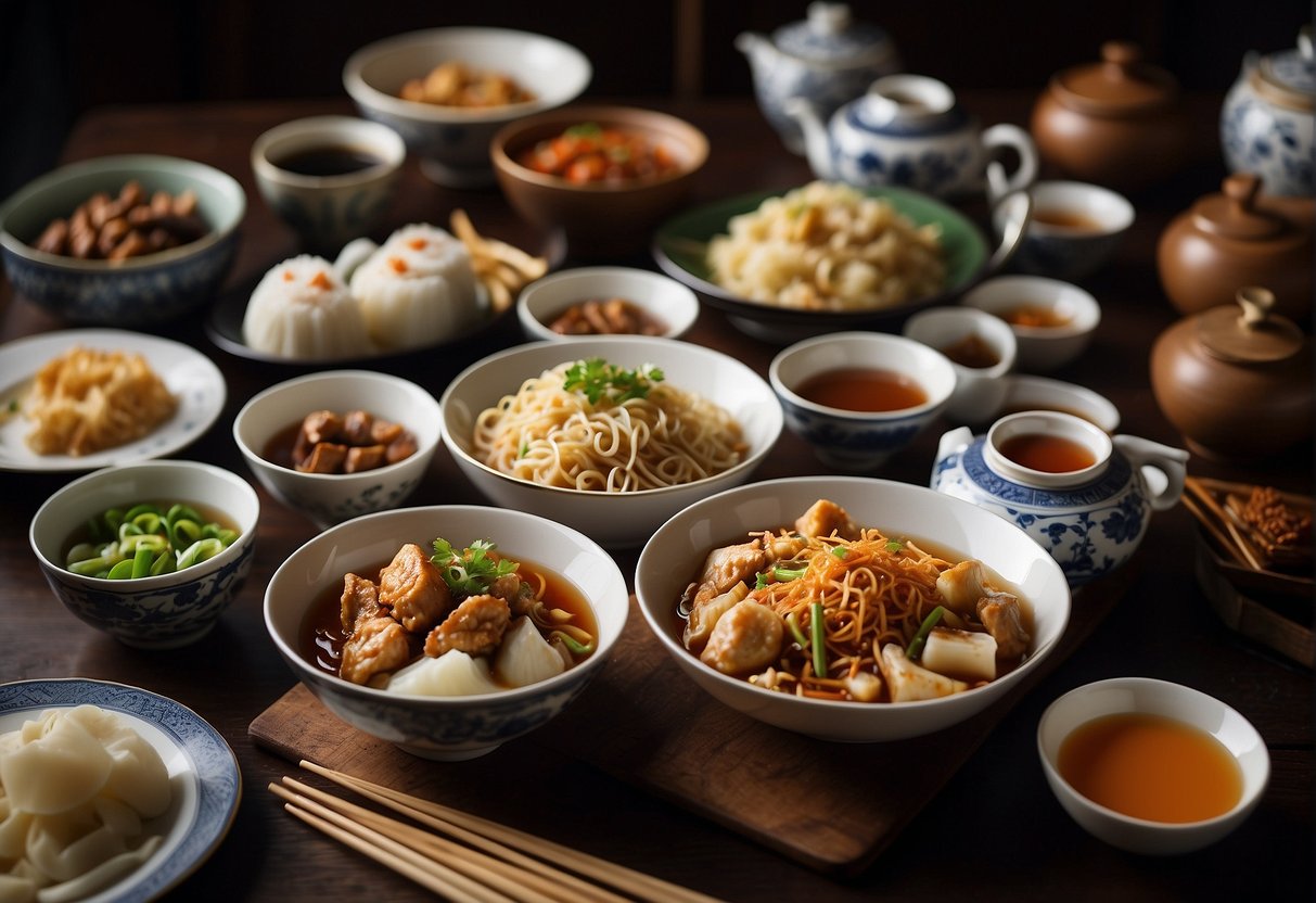 A table filled with various Chinese cuisine dishes, including stir-fried noodles, steamed dumplings, and spicy Sichuan chicken, surrounded by chopsticks and traditional Chinese tea cups