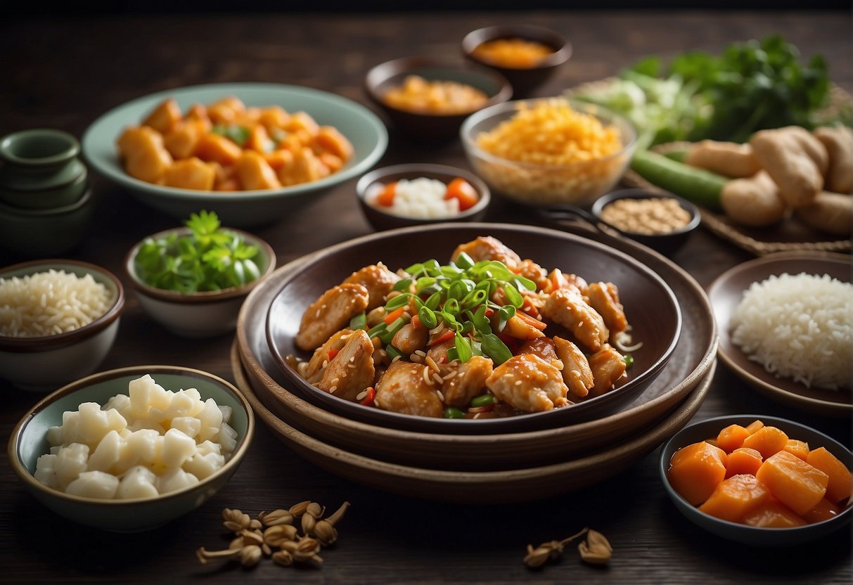 A table set with various side dishes and accompaniments for Chinese cuisine chicken recipes