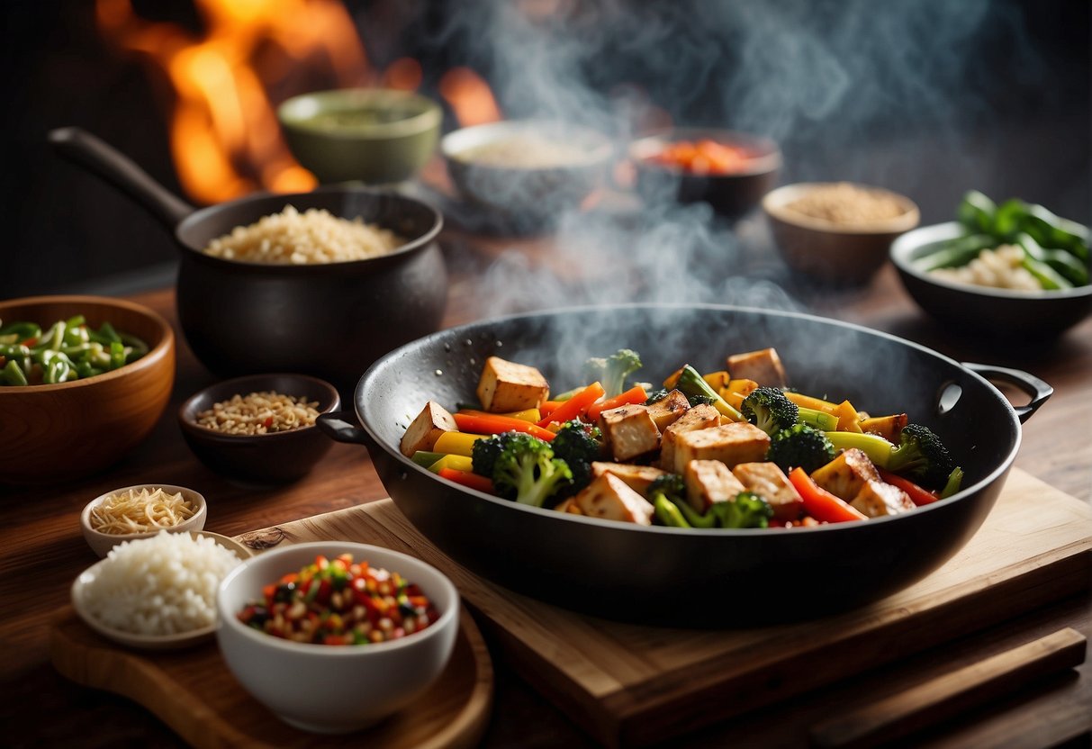 A wok sizzles with stir-fried vegetables and tofu, while a pot of steaming rice sits nearby. A collection of traditional Chinese spices and sauces line the countertop, ready to be used in the culinary creation