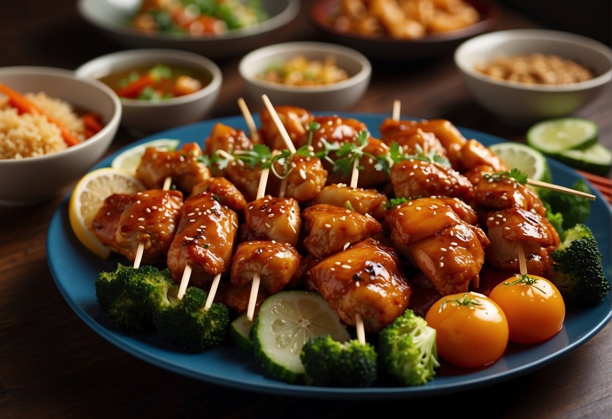 A colorful array of stir-fried chicken, steamed chicken with vegetables, and grilled chicken skewers on a traditional Chinese dining table