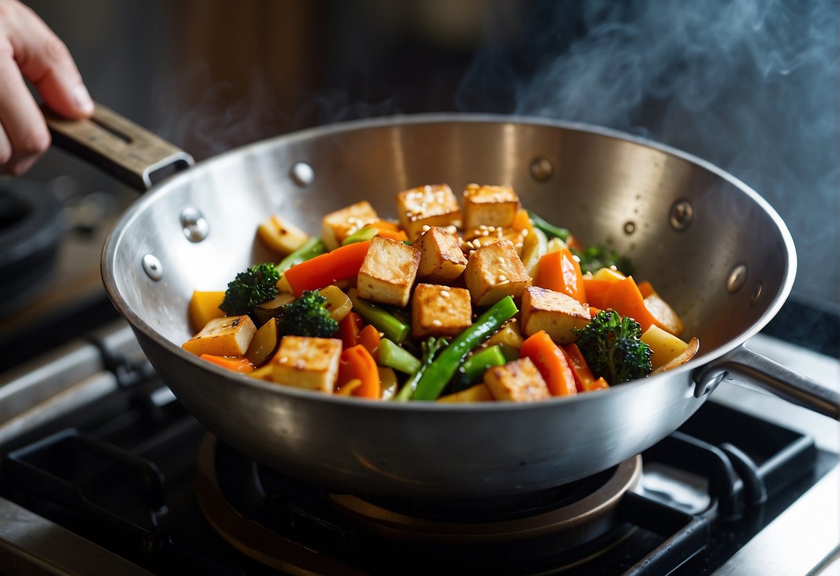 A wok sizzles with stir-fried vegetables, tofu, and aromatic spices. Steam rises as a chef adds a splash of soy sauce, creating a vibrant vegetarian Chinese dish