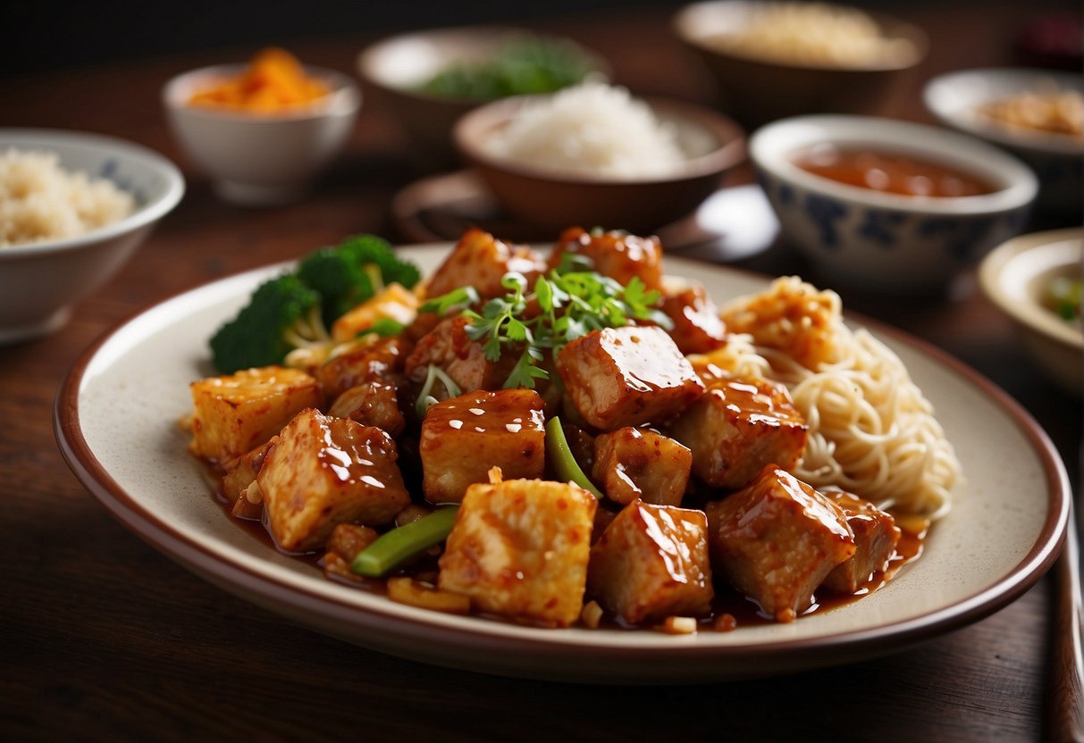 A table set with a variety of popular Chinese main course dishes, including stir-fried noodles, sweet and sour chicken, and mapo tofu
