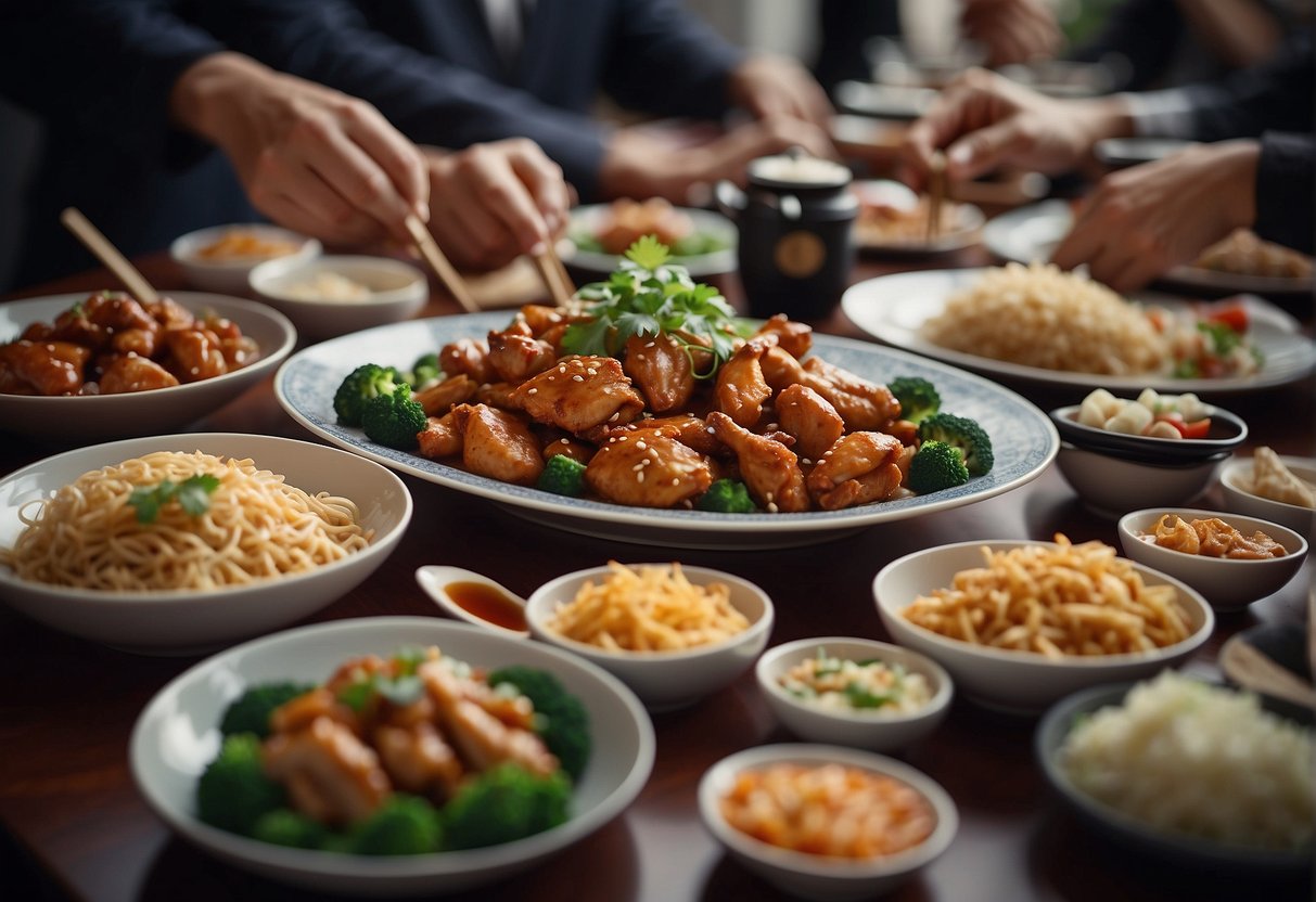 A table spread with various Chinese chicken dishes, surrounded by eager diners with chopsticks in hand