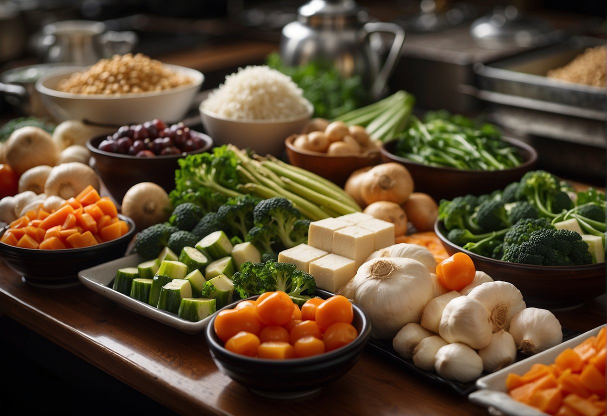 A table displays various fresh vegetables, tofu, soy sauce, ginger, garlic, and other essential ingredients for Chinese vegetarian cooking