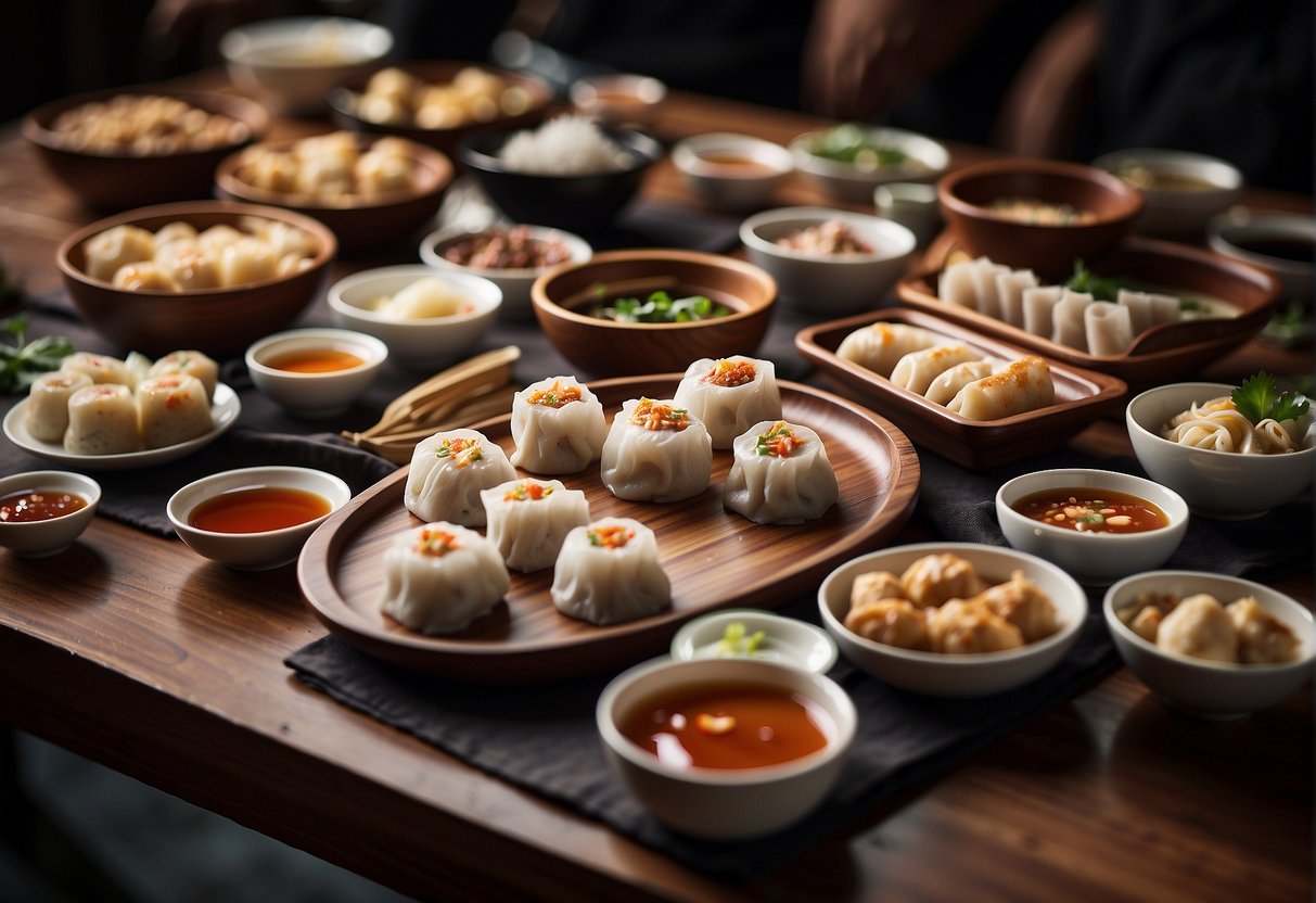 A table set with an array of steaming dim sum and appetizers, including dumplings, spring rolls, and various dipping sauces