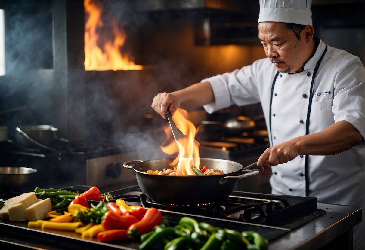 A chef expertly wields a wok over a hot flame, stir-frying colorful vegetables and tofu, while a pot simmers with fragrant broth on the stove