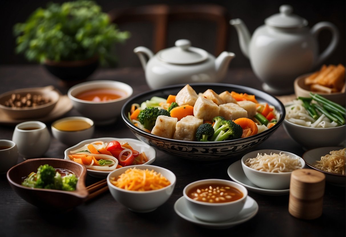 A table set with colorful vegetarian Chinese dishes, including stir-fried vegetables, tofu, and spring rolls, surrounded by chopsticks and steaming tea