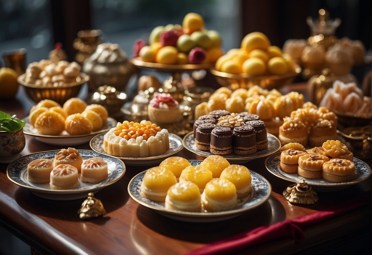A table adorned with an array of colorful and intricately designed Chinese desserts and sweet treats, including delicate pastries, exotic fruits, and ornate confections