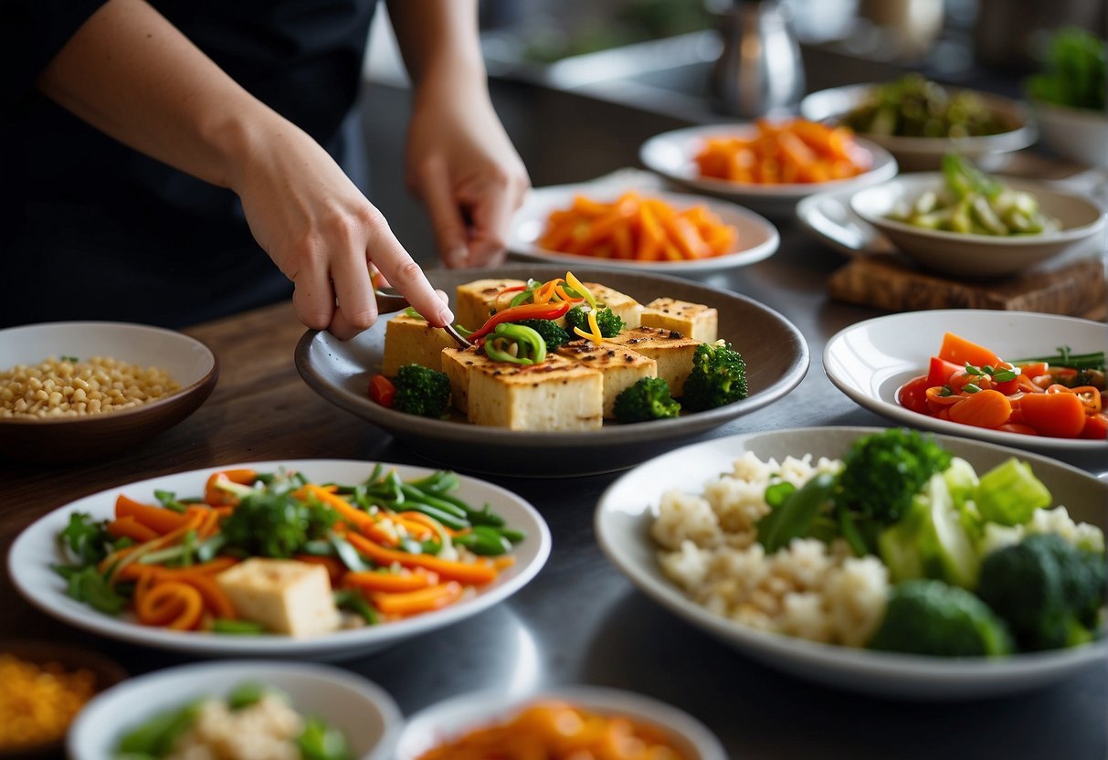 A chef prepares a colorful array of vegetarian Chinese dishes, incorporating tofu, fresh vegetables, and aromatic spices