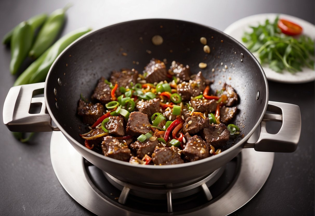 A sizzling wok with cumin-coated beef strips, garlic, and chili peppers. Steam rises as the beef browns, filling the air with a fragrant aroma