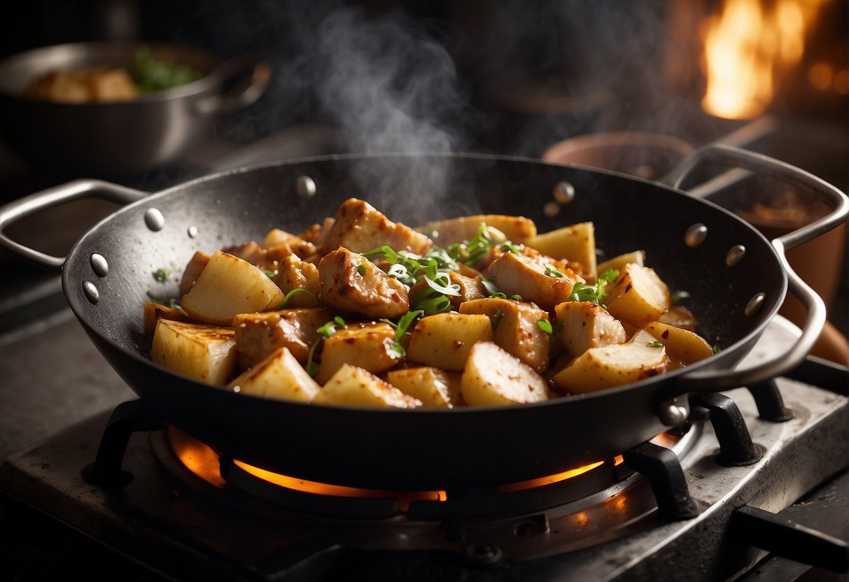 A wok sizzles as chunks of chicken and potatoes simmer in a fragrant blend of Chinese curry spices, emitting a mouthwatering aroma