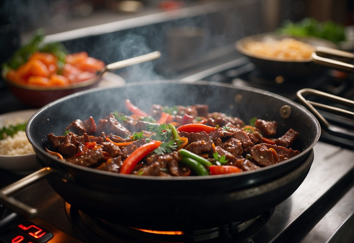 A sizzling wok cooks tender beef strips seasoned with aromatic cumin, garlic, and chili, creating a tantalizing aroma in a bustling Chinese kitchen