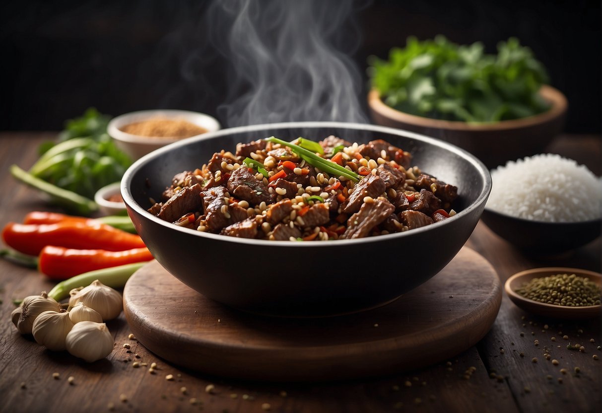 A sizzling wok with stir-fried beef, cumin seeds, and aromatic spices. Bowls of soy sauce, sugar, and vinegar nearby for seasoning