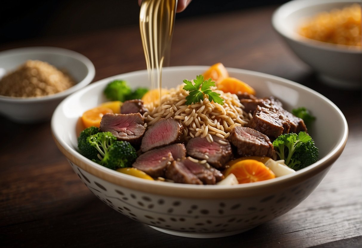 A chef mixes cumin, soy sauce, and ginger with sliced beef in a bowl