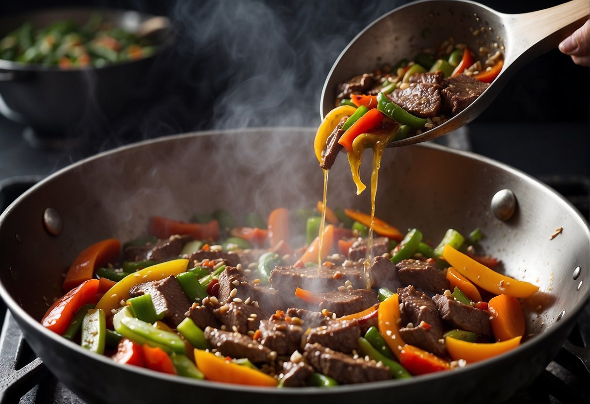 Sizzling beef strips in a wok with cumin and spices. Chopped vegetables ready to be added. Steam rising