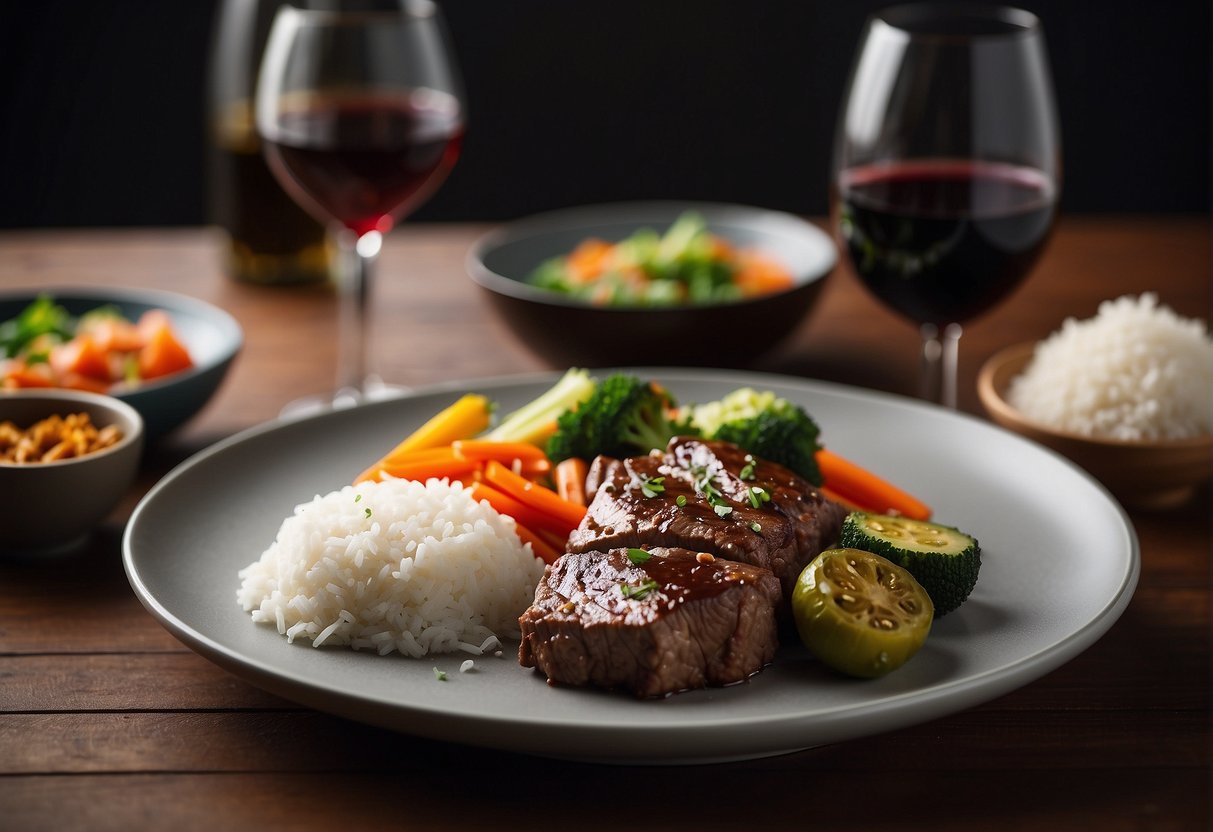 A plate of Chinese cumin beef with steamed rice and stir-fried vegetables, accompanied by a glass of red wine