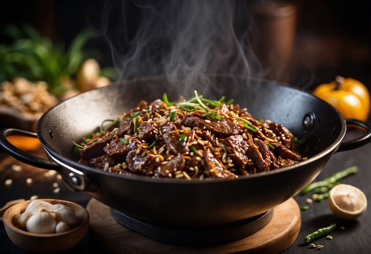 A sizzling wok with aromatic cumin seeds, garlic, and ginger frying up tender strips of marinated beef, creating a mouthwatering Chinese cumin beef dish