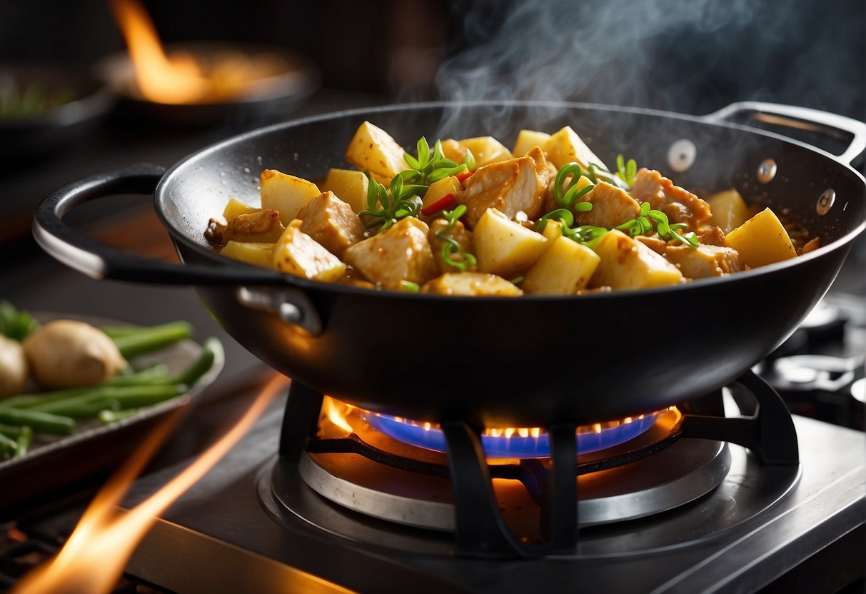 A wok sizzles with diced chicken and potatoes in a fragrant curry sauce. Steam rises as the ingredients are stirred and simmered over a hot flame