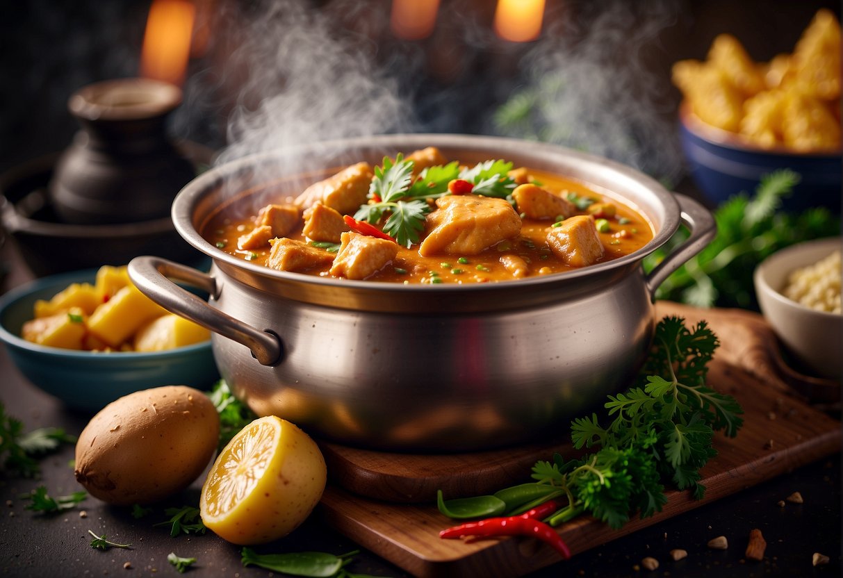 A steaming pot of Chinese curry chicken with potatoes, surrounded by vibrant and aromatic spices, fresh herbs, and colorful vegetables