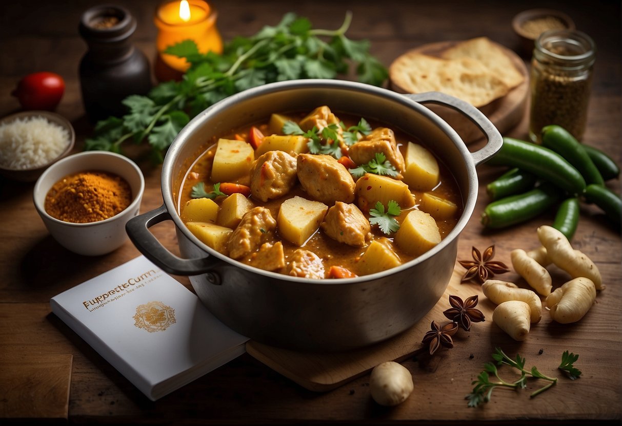 A steaming pot of Chinese curry chicken and potatoes, surrounded by various spices and ingredients, with a recipe book open to the "Frequently Asked Questions" page