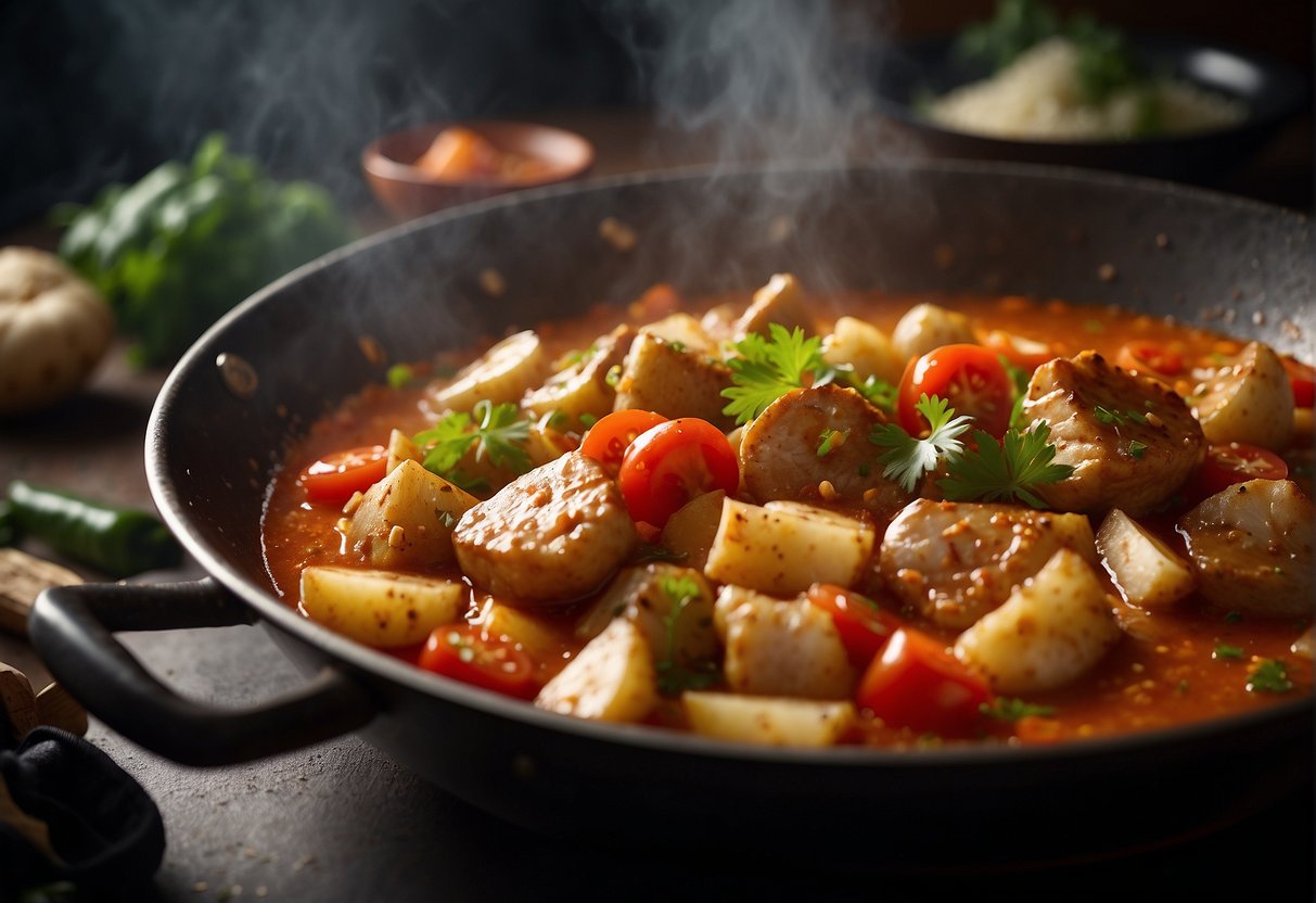 A large wok sizzles with chunks of fish head, potatoes, and tomatoes in a fragrant, spicy Chinese curry sauce. Steam rises as the ingredients simmer together