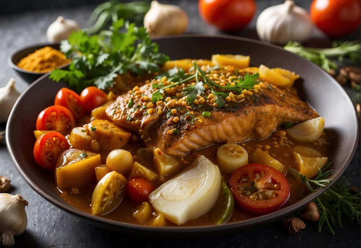 A table filled with ingredients: fish head, curry paste, ginger, garlic, onions, tomatoes, and spices. Substitutes like tofu and vegetables nearby