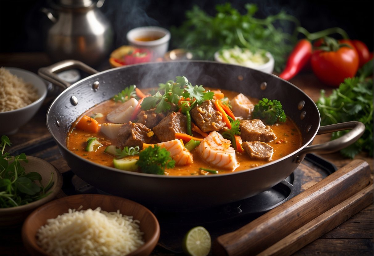 A wok sizzles with fragrant spices and chunks of fish head in a bubbling curry sauce, surrounded by fresh herbs and vegetables