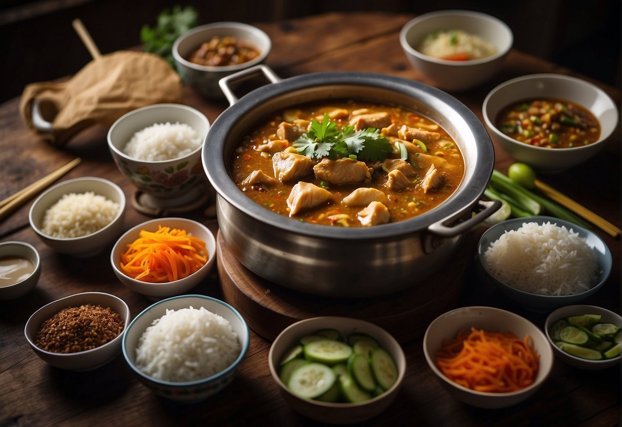 A steaming pot of Chinese curry fish head sits on a wooden table, surrounded by bowls of rice, chopsticks, and a variety of condiments