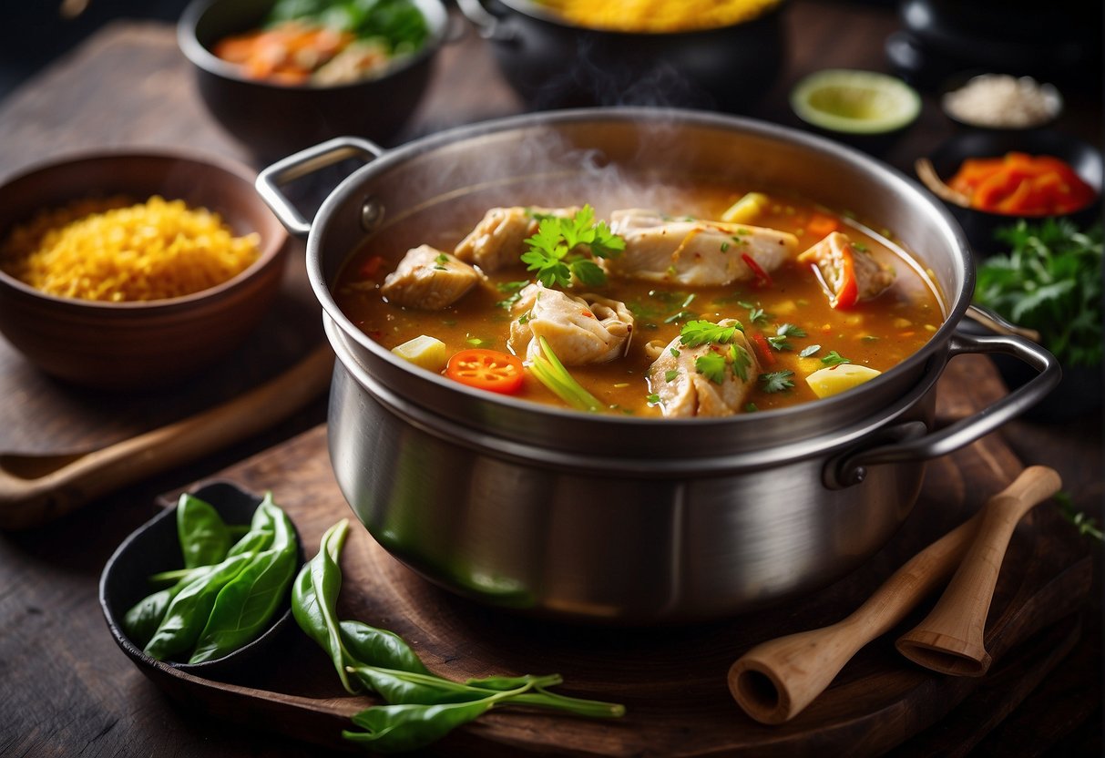 A steaming pot of Chinese curry fish head simmering with aromatic spices and herbs, surrounded by traditional Chinese kitchen utensils and ingredients