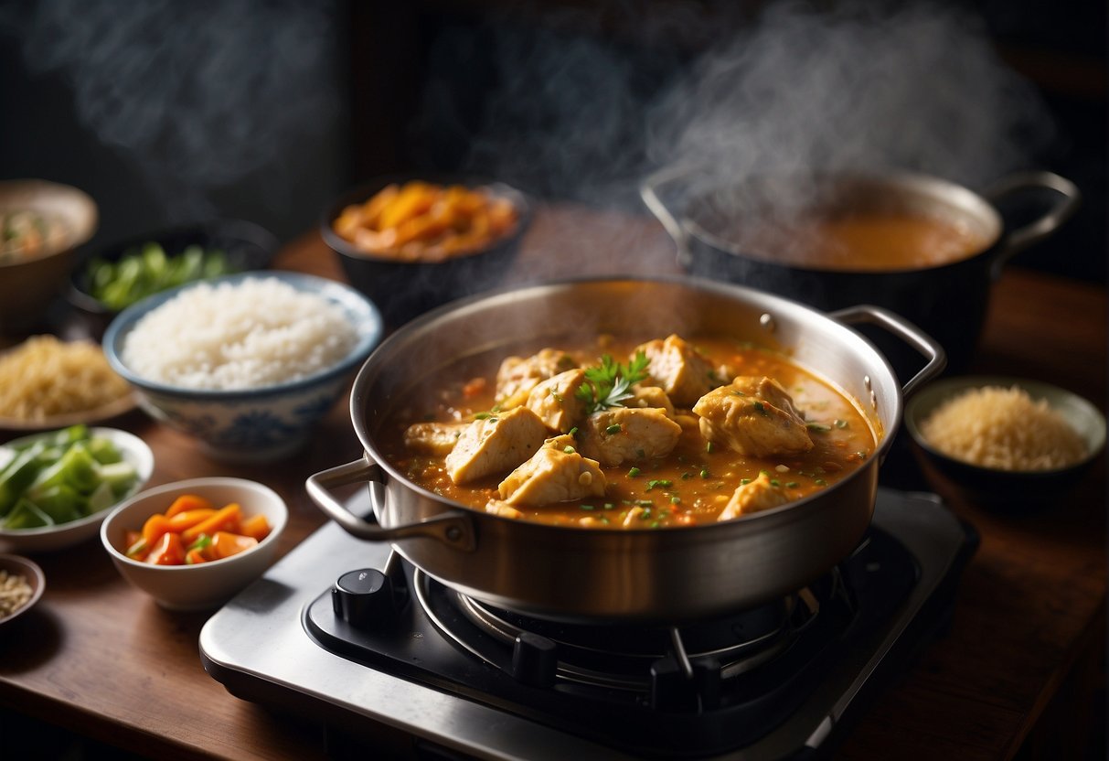 A pot of Chinese curry fish head sits on a stovetop next to a container of rice. Steam rises from the pot as it reheats