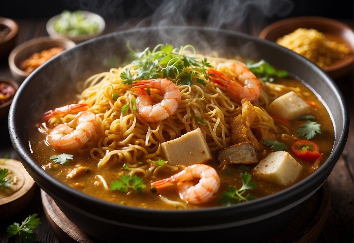Steam rises from a bubbling pot of Chinese curry mee, filled with noodles, shrimp, tofu, and bean sprouts, surrounded by vibrant spices and herbs