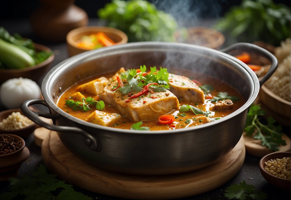 A steaming pot of Chinese curry fish head surrounded by aromatic spices and fresh herbs, with a hint of coconut milk and tangy tamarind, ready to be served