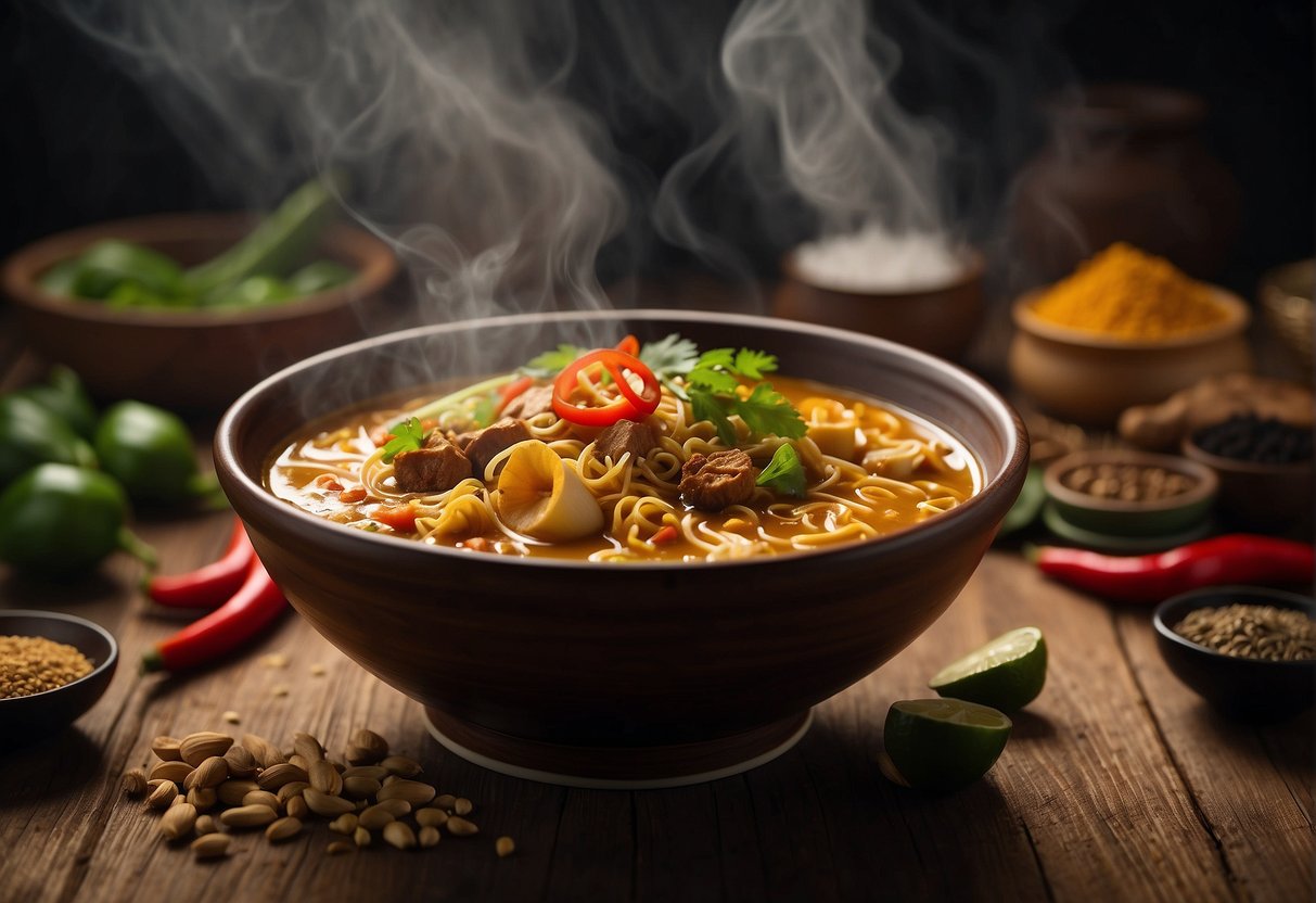 A steaming bowl of Chinese curry mee sits on a rustic wooden table, surrounded by traditional Chinese spices and ingredients. The rich aroma fills the air, symbolizing the cultural significance of this beloved recipe