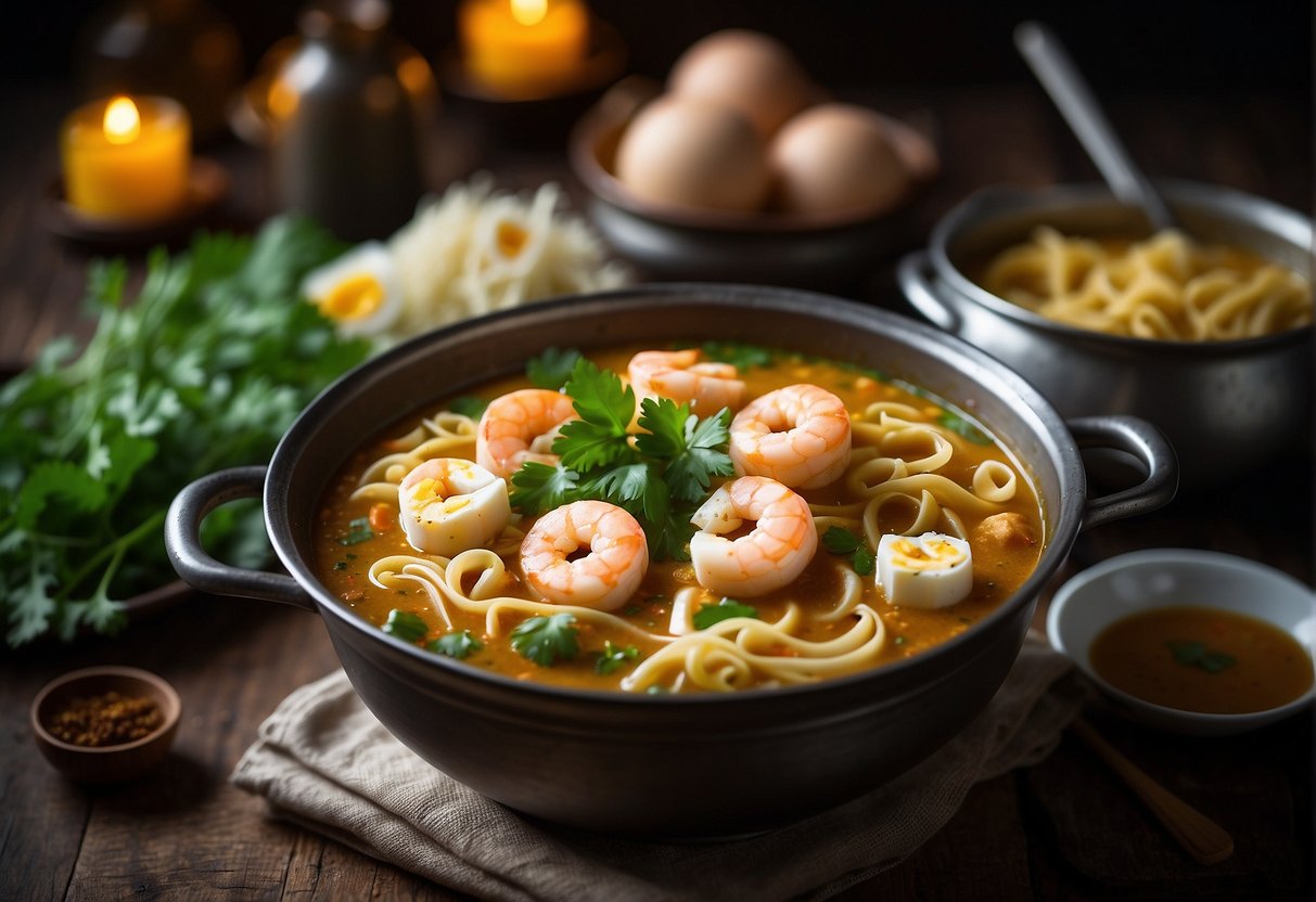 A steaming pot of Chinese curry mee simmering with coconut milk, shrimp, tofu, and egg noodles, surrounded by fresh herbs and spices