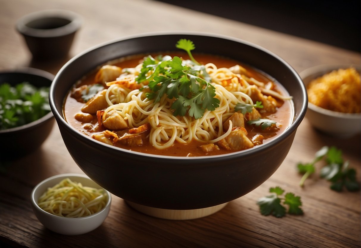 A steaming bowl of Chinese curry mee is placed on a wooden table, garnished with fresh cilantro and served with a side of crispy fried shallots