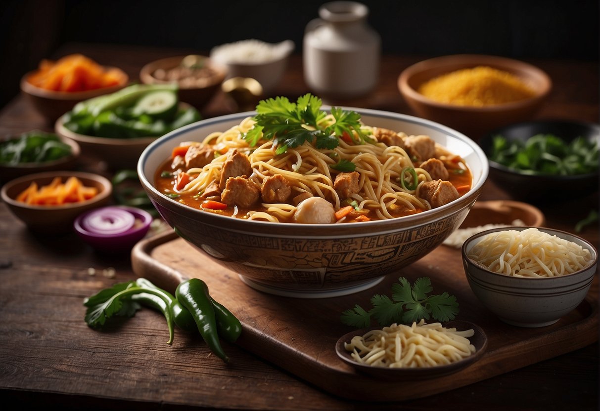 A table displays nutritional info for Chinese curry mee. Ingredients and dietary notes accompany the recipe