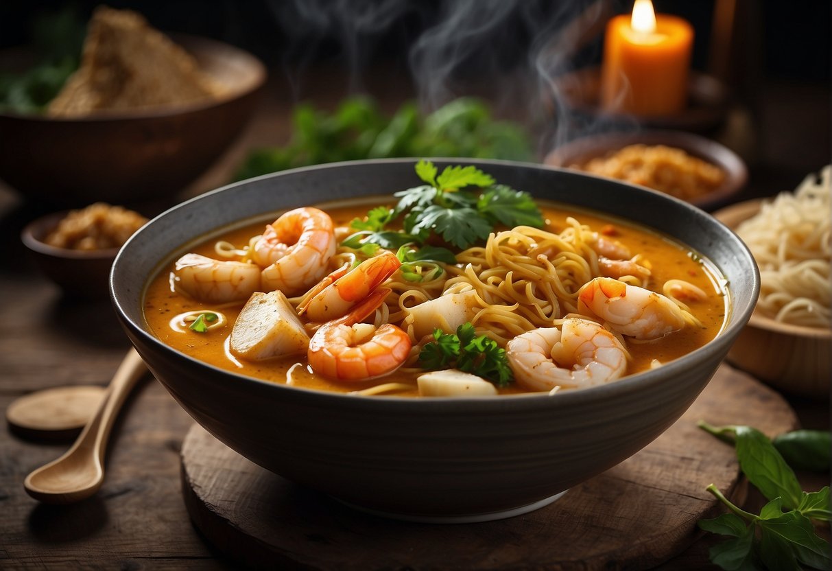 A steaming bowl of Chinese curry mee sits on a rustic wooden table, surrounded by vibrant ingredients like noodles, prawns, tofu, and a fragrant curry broth