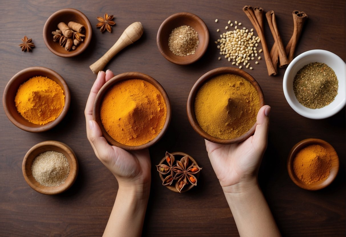 A hand reaches for a jar of turmeric, ginger, and other spices on a wooden table, surrounded by bowls of cinnamon, cloves, and coriander