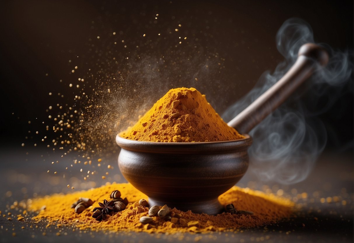 A mortar and pestle crush whole spices like cumin, coriander, and turmeric. A cloud of fragrant yellow powder fills the air