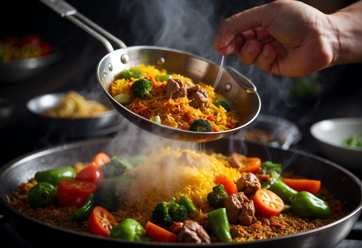 A hand sprinkles Chinese curry powder into a sizzling wok of stir-frying vegetables and meat. Steam rises as the spices infuse the dish