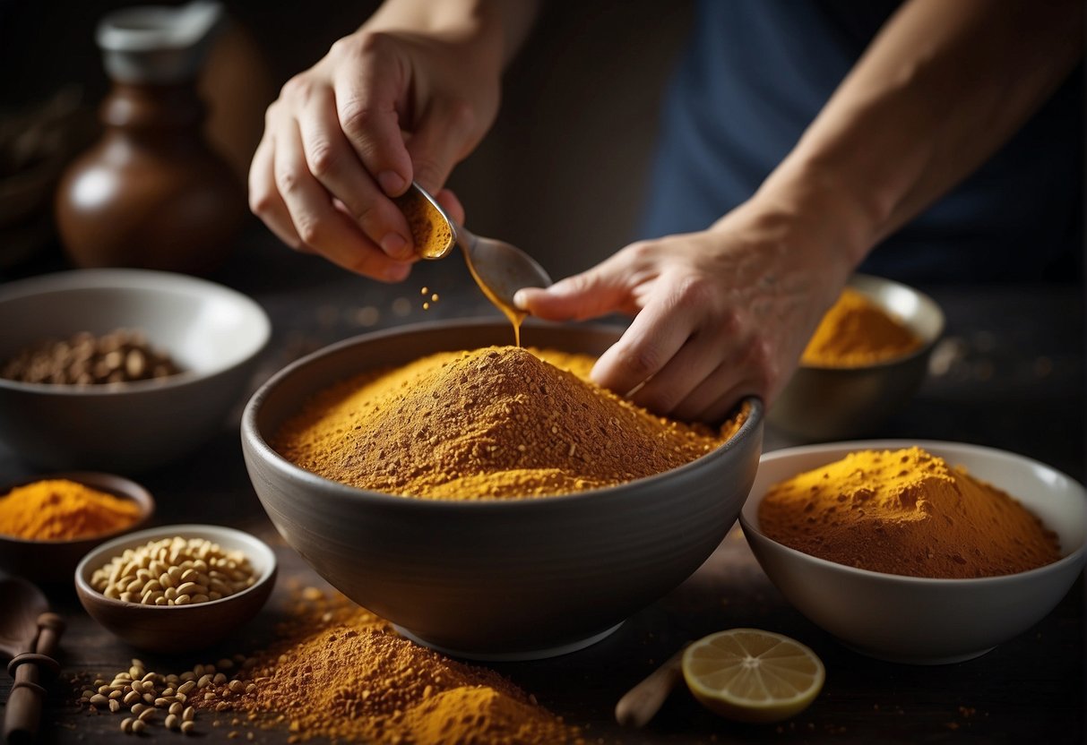 A hand pours Chinese curry powder into a bowl of ingredients, ready for mixing and pairing