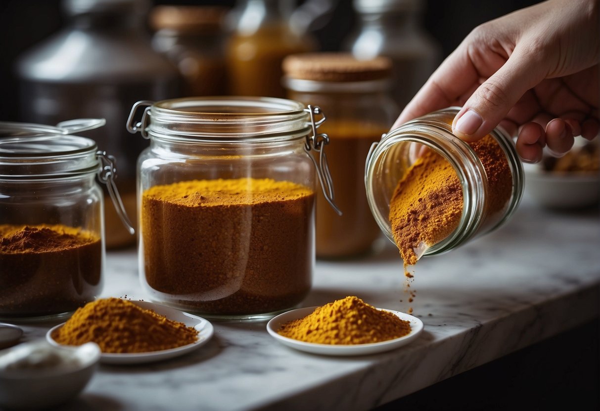 A hand pours Chinese curry powder into a glass jar, seals it, and labels it with storage and reheating tips