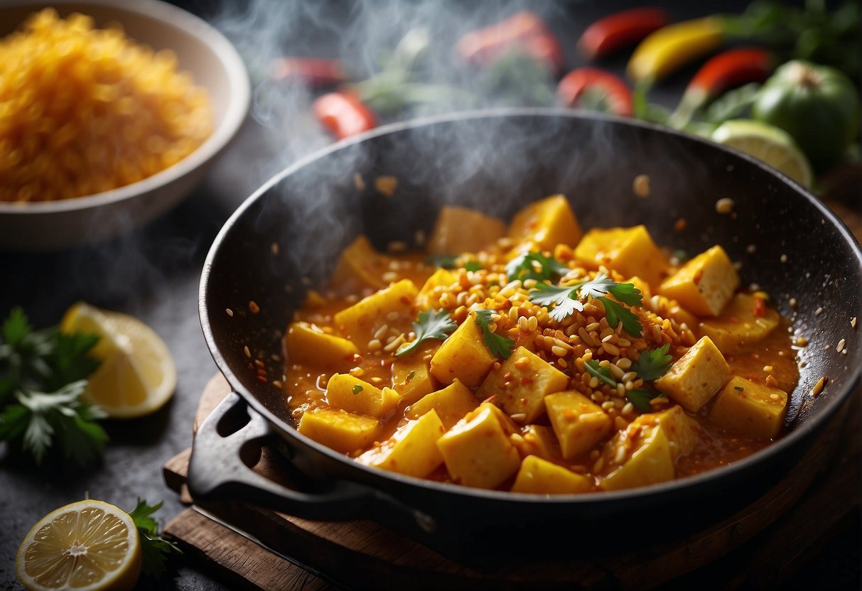 A wok sizzles as golden turmeric, fragrant garlic, and spicy ginger are sautéed. A rich, aromatic curry sauce simmers, filling the air with its mouthwatering aroma