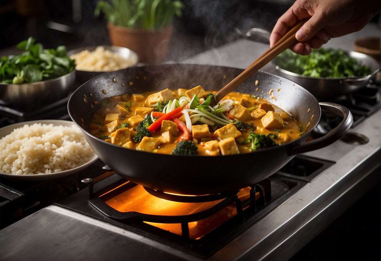 A wok sizzles with fragrant Chinese curry sauce, simmering with spices and herbs, emitting a tantalizing aroma. Vegetables and tofu wait to be added, while the chef prepares to stir and blend the flavors