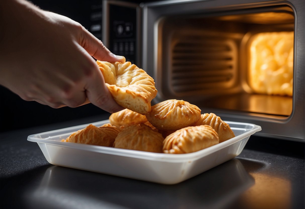 A hand placing a Chinese curry puff into a plastic container for storage, then placing the container into a microwave for reheating