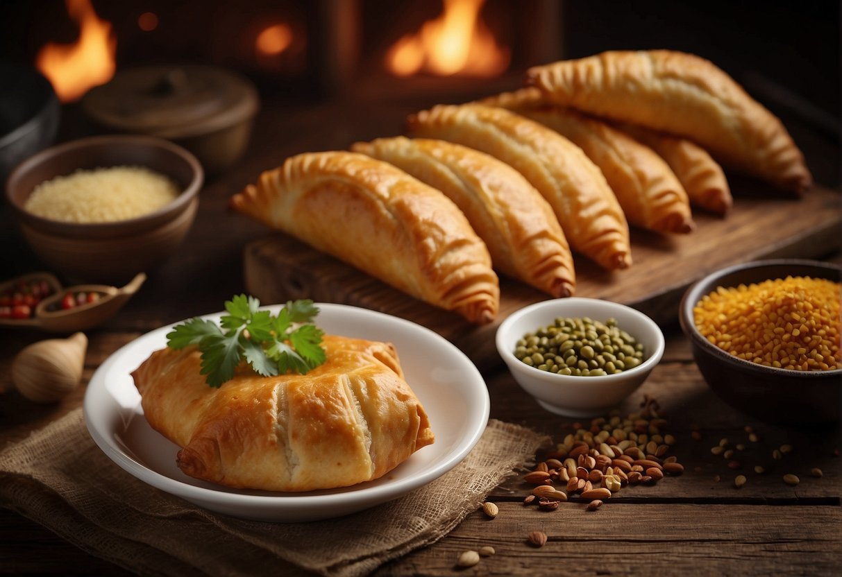 A steaming hot Chinese curry puff sits on a rustic wooden table, surrounded by scattered spices and ingredients. An aroma of fragrant curry fills the air