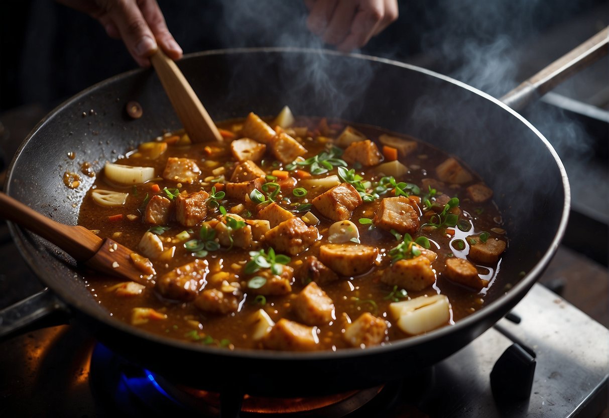 A wok sizzles with aromatic spices, ginger, and garlic as a chef stirs in soy sauce, stock, and sugar to create a rich and fragrant Chinese curry sauce