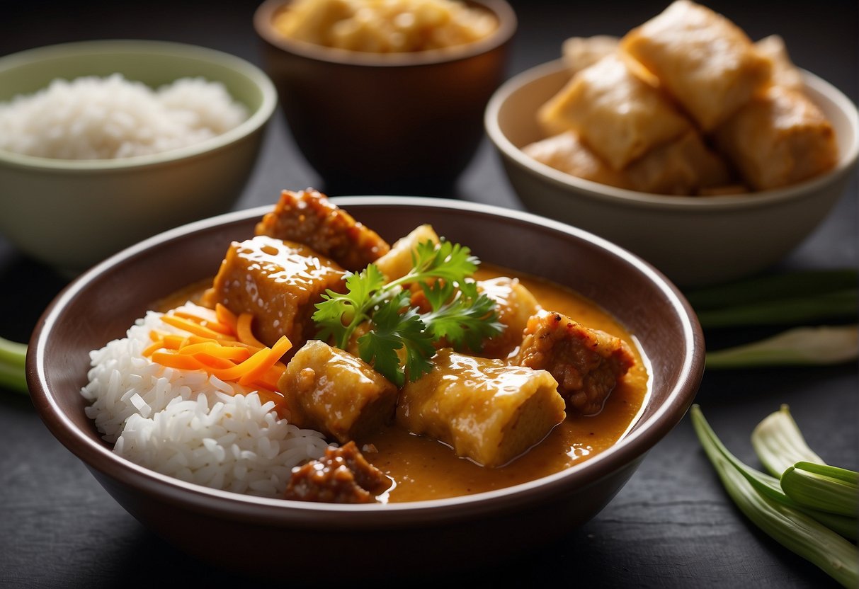 A steaming bowl of Chinese curry sauce with colorful vegetables and tender chunks of meat, surrounded by a spread of jasmine rice and crispy egg rolls