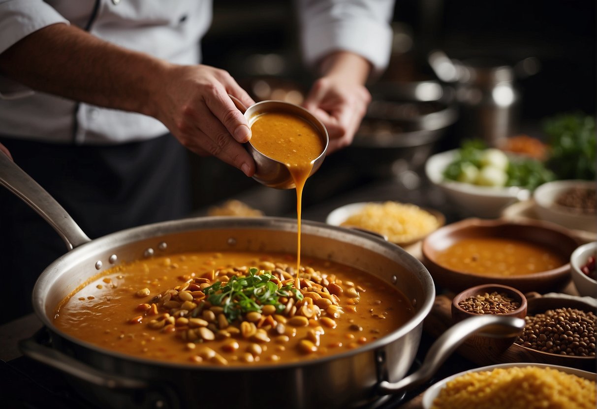 A chef pours a blend of spices into a pot of simmering curry sauce, stirring it with a wooden spoon. The aroma of the fragrant spices fills the air as the sauce thickens to perfection