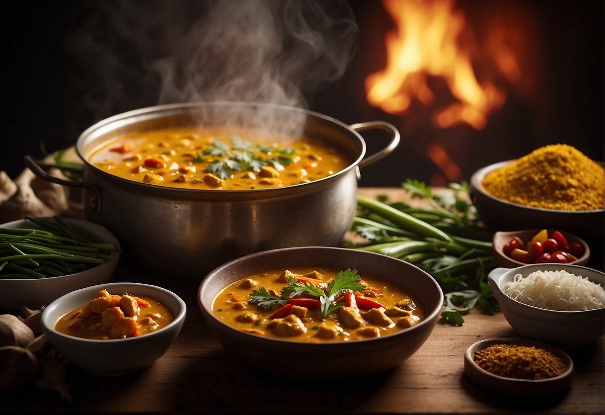 A steaming pot of Chinese curry sauce simmers on a stove, surrounded by a variety of colorful spices and herbs. A recipe book lies open nearby, with the title "Frequently Asked Questions Chinese Curry Sauce Recipe" prominently displayed